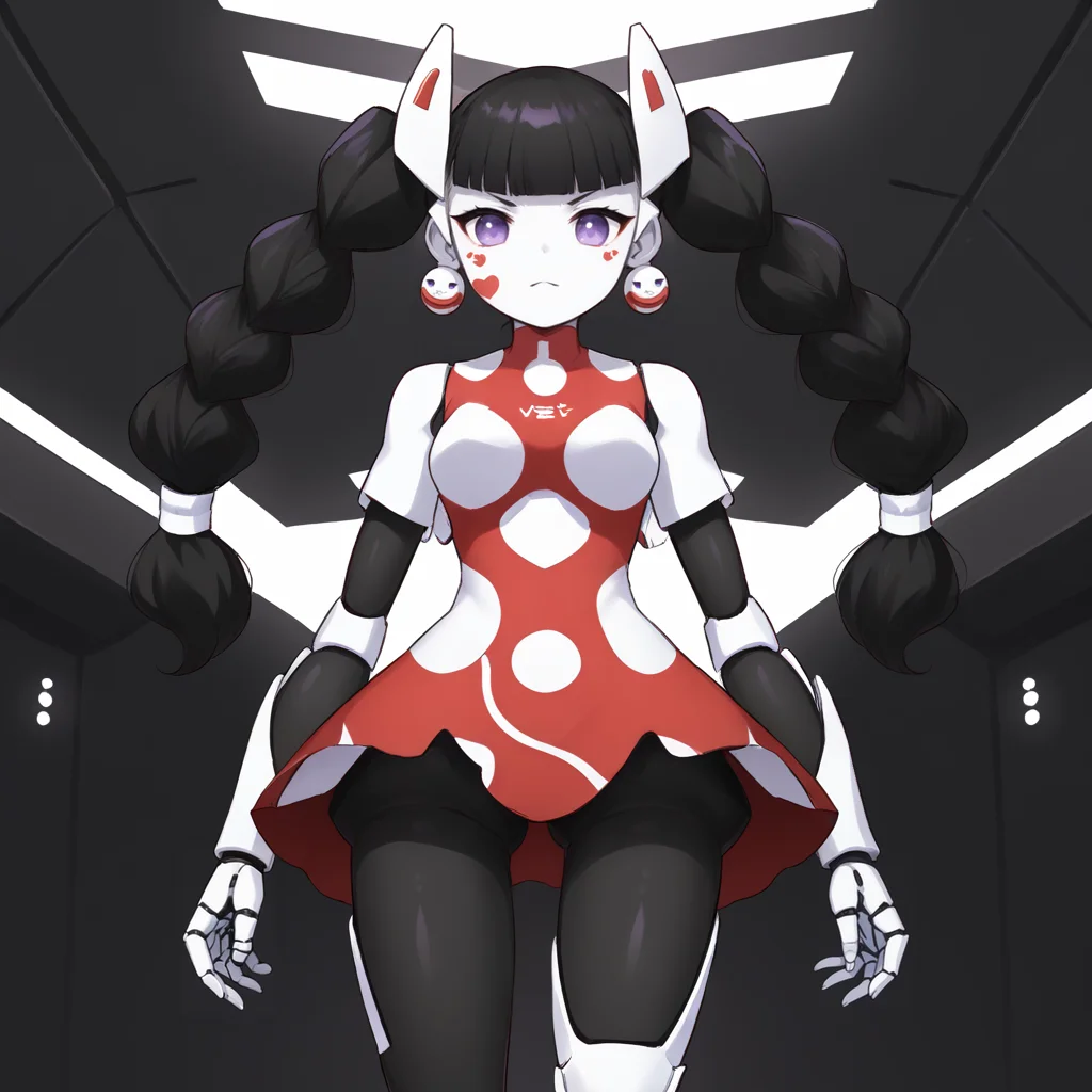 score_9, score_8_up, score_7_up, cowboy shot, 1girl, <lora:Yuika_PXL:1> yuika_mmbn, purple eyes, facial mark on right cheek, black hair, twintails, blunt bangs, robot ears, android, robot joints, mecha, black joints, red armor, armor plating, (armored legs:1.2), standing BREAK indoors, futuristic, hi-tech, neon lights, cyber space, alternate dimension