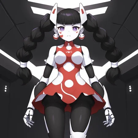 score_9, score_8_up, score_7_up, cowboy shot, 1girl, <lora:Yuika_PXL:1> yuika_mmbn, purple eyes, facial mark on right cheek, black hair, twintails, blunt bangs, robot ears, android, robot joints, mecha, black joints, red armor, armor plating, (armored legs:1.2), standing BREAK indoors, futuristic, hi-tech, neon lights, cyber space, alternate dimension