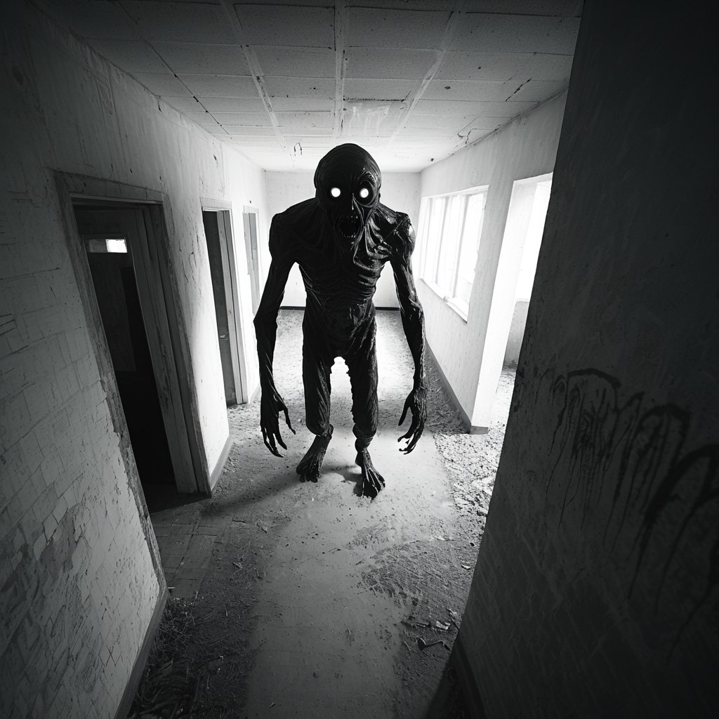 horrorcctvlora, abandoned building, horror (theme), monster sneaking, monochrome, dutch angle