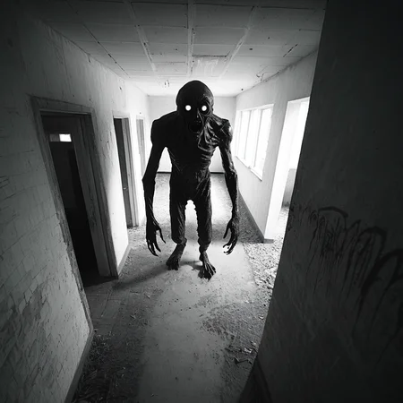 horrorcctvlora, abandoned building, horror (theme), monster sneaking, monochrome, dutch angle
