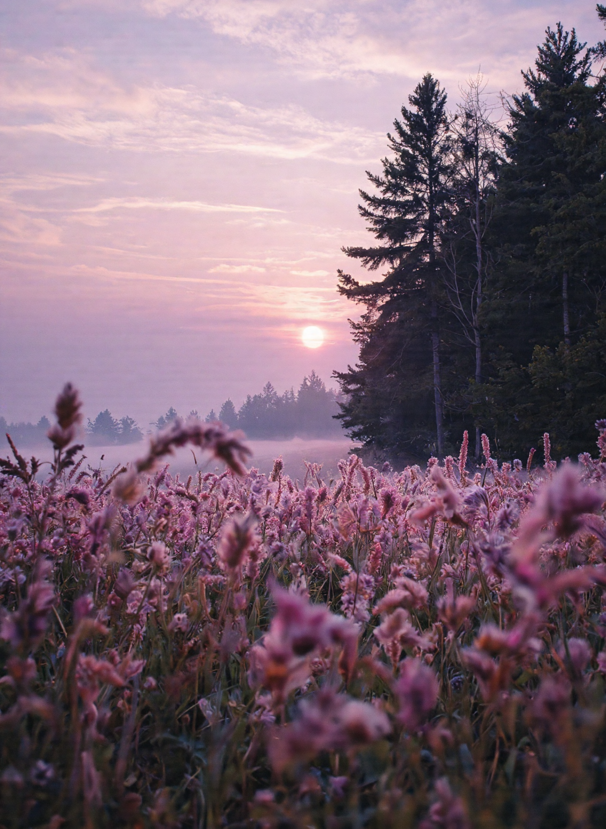 The image is a serene and picturesque landscape, slightly diffused. It depicts a tranquil scene at either dawn or dusk, as indicated by the soft pink and purple hues in the sky. The sun, a bright and glowing orb, is positioned near the center of the image, partially obscured by a layer of mist or fog that adds a sense of mystery and calm to the scene. In the foreground, there is a field of tall grasses, their slender stalks and delicate seed heads rendered in shades of pink and red. The grasses sway gently, suggesting a light breeze. The field extends towards the middle of the image, where it meets a dense forest of tall evergreen trees. These trees are dark and silhouetted against the lighter sky, their branches and needles detailed with fine brushwork.
The overall atmosphere of the image is peaceful and contemplative, with the soft colors and gentle light creating a sense of serenity and natural beauty. The composition draws the viewer's eye from the vibrant grasses in the foreground to the towering trees and the glowing sun in the background, inviting them to immerse themselves in the tranquil scene.
