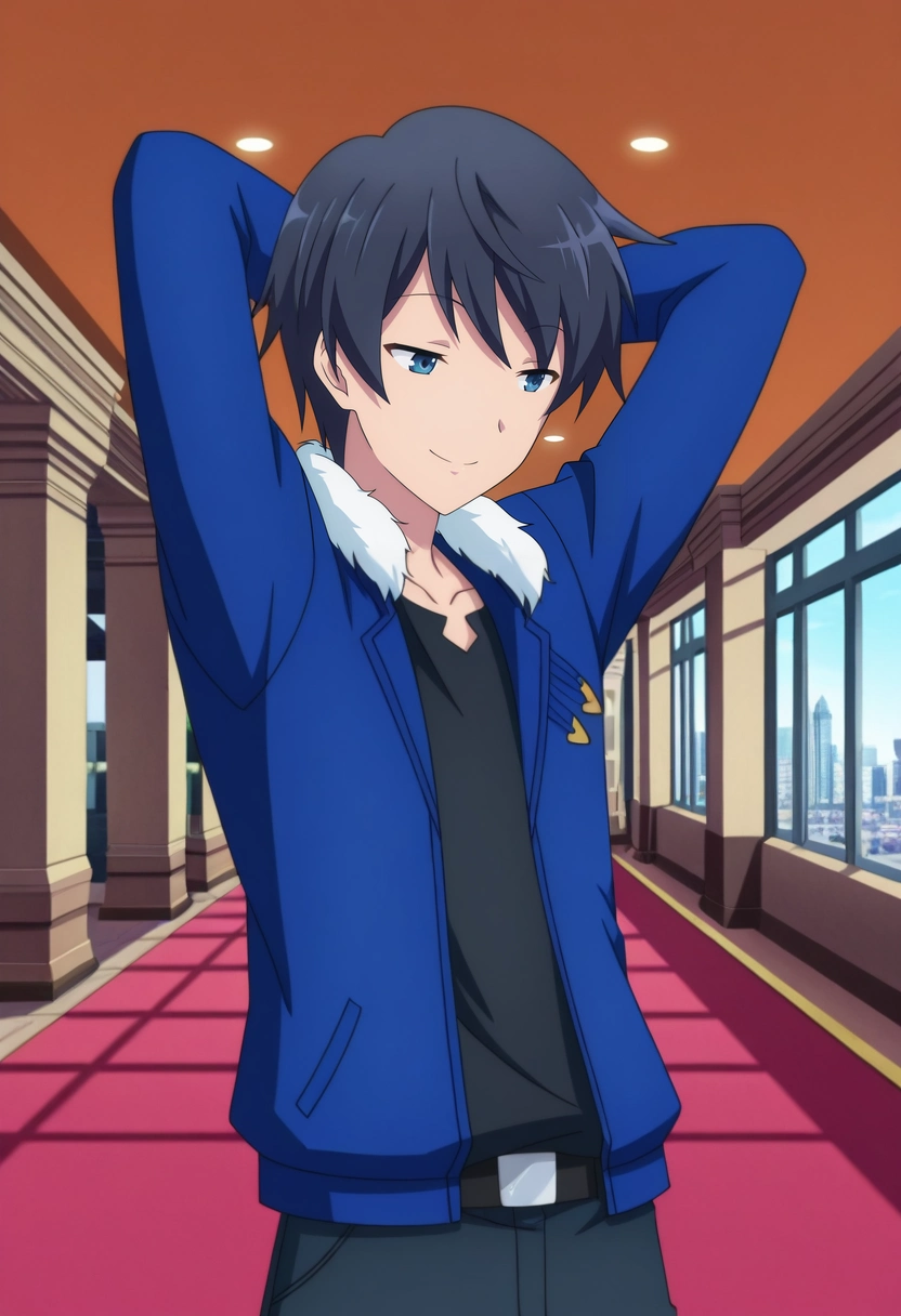 masterpiece, best quality, anime screencap, official style, anime coloring, cowboy shot, 1boy, solo, male focus, <lora:touya_mochizuki_ilxl:1>, touya_mochizuki, black hair, blue eyes, , upper body, plaza, indoors, arms behind head, half-closed eyes, smile,