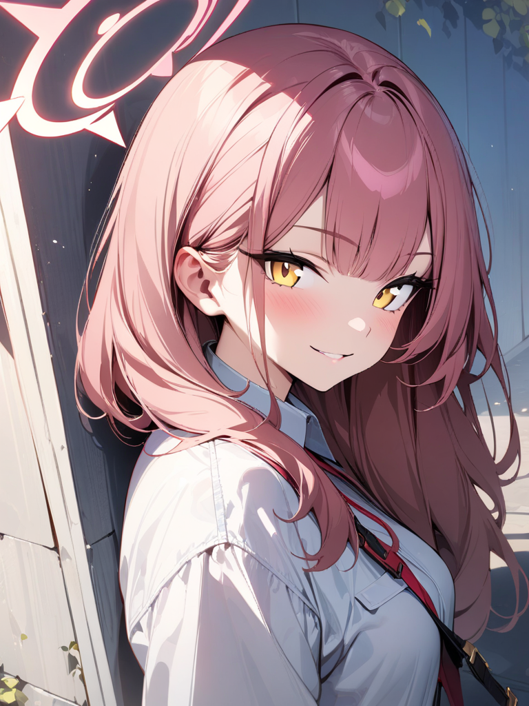 (masterpiece),(best quality),(ultra-detailed),(best illustration),(best shadow),(absurdres),(detailed background),(very aesthetic), looking at viewer, 1girl, solo, Aru_(Blue_Archive), yellow eyes, pink hair, leaning on a wall, looking at viewer, seductive smile, halo, upper body