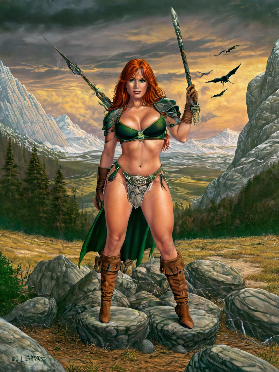(((nude fantasy illustrations of by Elmore_Style_LX))) , standing pose, Witches and warriors, sexy, skimpy, slutty, red head  supermodel witch, adventure, cinematic, epic outdoor location, fantasy illustration, cinematic scene by forgotten realms, 1woman barbarian, skimpy armor, Huge breasts, bikini armor, sexy barbarian nude , with sword with a magic items, in the background epic winter sunset Fantasy masterpiece by Larry Elmore , <lora:Elmore_Style_LX-000010:0.8>