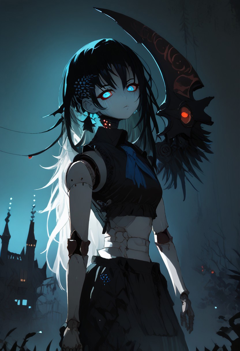 zPDXL3,  DemizuPosuka, NLSTN,Dark Fantasy page,1girl, intricate glowing tattoos, wings, black hair, side braid, undercut, curvy, perfect face, 
BREAK
looking at viewer, standing, medium breast, covered, gothic clothing, black clothing, midriff, skimpy clothing, dramatic pose,
BREAK
face focus, detailed face, red eyes, glowing eyes, neon, vibrant color, dynamic lighting, night, castle, dim lighting, [backlighting]
BREAK 
(score_9, score_8_up, score_7_up), (Masterpiece), (expressive eyes), 1girl, 
Automaton, colored skin, (white_skin:2.0), (joints:2.0), white hair, blue eyes, glowing blue eyes, 
<lora:MGE_V5.0:1.2> 
Long hair, very long hair,