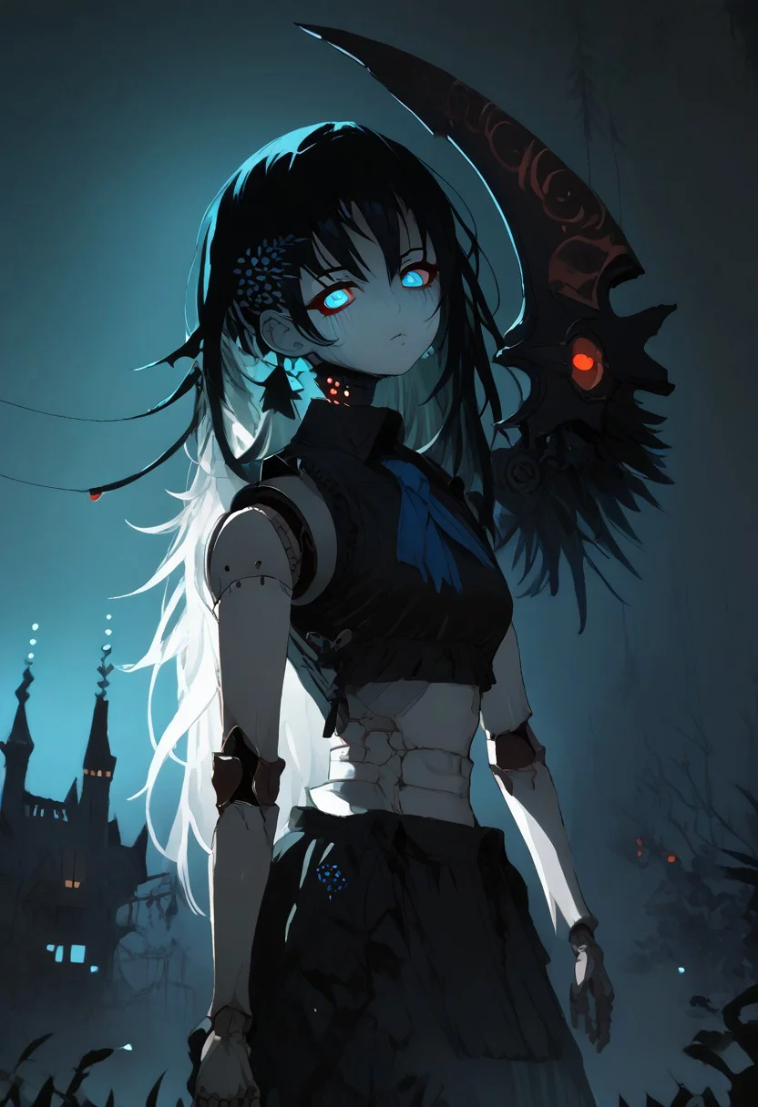 zPDXL3,  DemizuPosuka, NLSTN,Dark Fantasy page,1girl, intricate glowing tattoos, wings, black hair, side braid, undercut, curvy, perfect face, 
BREAK
looking at viewer, standing, medium breast, covered, gothic clothing, black clothing, midriff, skimpy clothing, dramatic pose,
BREAK
face focus, detailed face, red eyes, glowing eyes, neon, vibrant color, dynamic lighting, night, castle, dim lighting, [backlighting]
BREAK 
(score_9, score_8_up, score_7_up), (Masterpiece), (expressive eyes), 1girl, 
Automaton, colored skin, (white_skin:2.0), (joints:2.0), white hair, blue eyes, glowing blue eyes, 
<lora:MGE_V5.0:1.2> 
Long hair, very long hair,