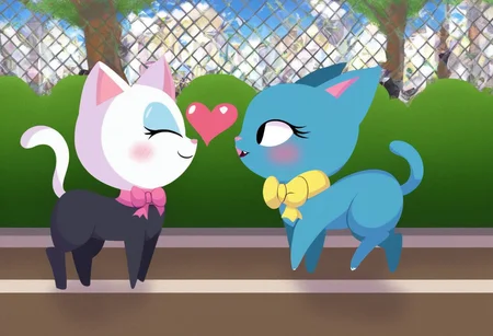 Black cat in city park, eyes of cat have a shape of heart, this cat looking at another white cat, excellent cat bodies, all in good quality,