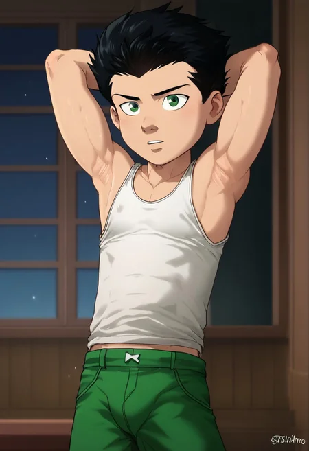 Masterpiece, 1boy, solo, Damian Wayne, black hair, green eyes, tank top, green shorts, armpits