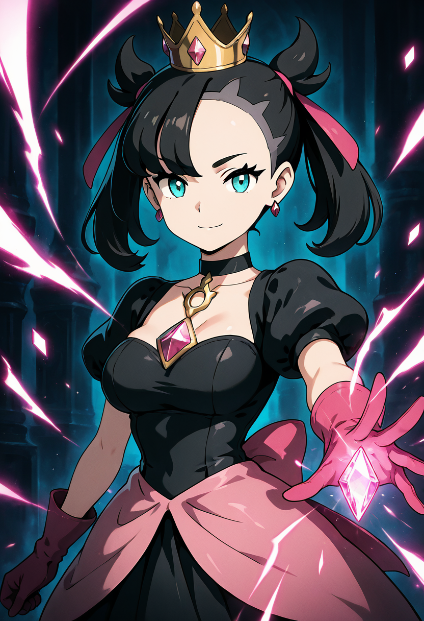 masterpiece, best quality, 1girl, solo, eyelashes, (beautiful eyes), shiny skin, looking at viewer, smile, zzShadowMarnieCitron, aqua eyes, black hair, hair ribbon, medium hair, asymmetrical bangs, twintails, mini crown,  marnie (pokemon), large breasts, narrow waist,  black dress, puffy short sleeves, black choker, gem, pink ribbon, pink gloves, bow, chiaroscuro, magic, incoming attack,  ,<lora:ShadowHimeMarnieCitronOCIXL_v3:0.8>,  [Mirrorbound Light Caster], cloak of reflective hexagonal panels, white silk vest with mirrored accents, prismlens earrings, chromatic sash that glows with refraction, gloves tipped with crystal shards, hovering disc of bent light behind back, crystal room lined with mirrors, radiant pose,