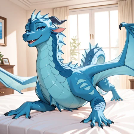 1girl, highres, absurdres, newest, masterpiece, best quality, furry, furry_female, Tsunami_wof, Seawing_wof, dragon, scales, horns, claws, wings, tail, aquatic scales, blue eyes, 1girl, chin tendrils, head frill, chest frill, webbed claws, webbed feet, blue nose, (quadruped, feral:1.3), detailed eyes, on_bed, on_stomach, open_mouth, open mouth smile, luxurious detailed room, bright room, day scene, professional lighting, white bed, solo, bedroom, smiling, seductive, looking_at_viewer, masterpiece, close up, safe