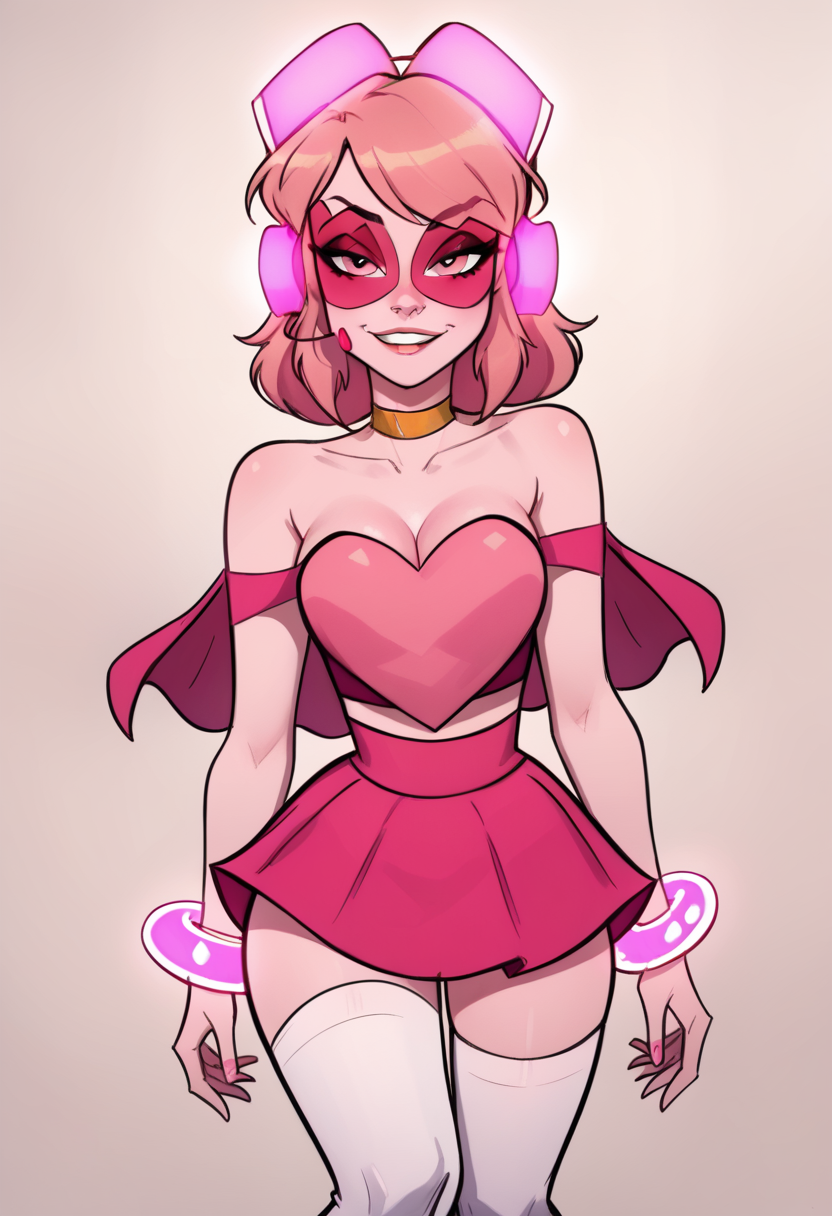 score_9, score_8_up, score_7_up, <lora:Miss_Heed_PDXL2:1> pink hair, pink skin, short hair, missheedxl, capelet, bare shoulders, callarbone, short sleeves, cleavage, golden choker, strapless, pink heart shaped crop top, pink headphones, headset, pink sunglasses, white over knee boots, pink mini skirt, pink round bracelet, white thighhighs,
