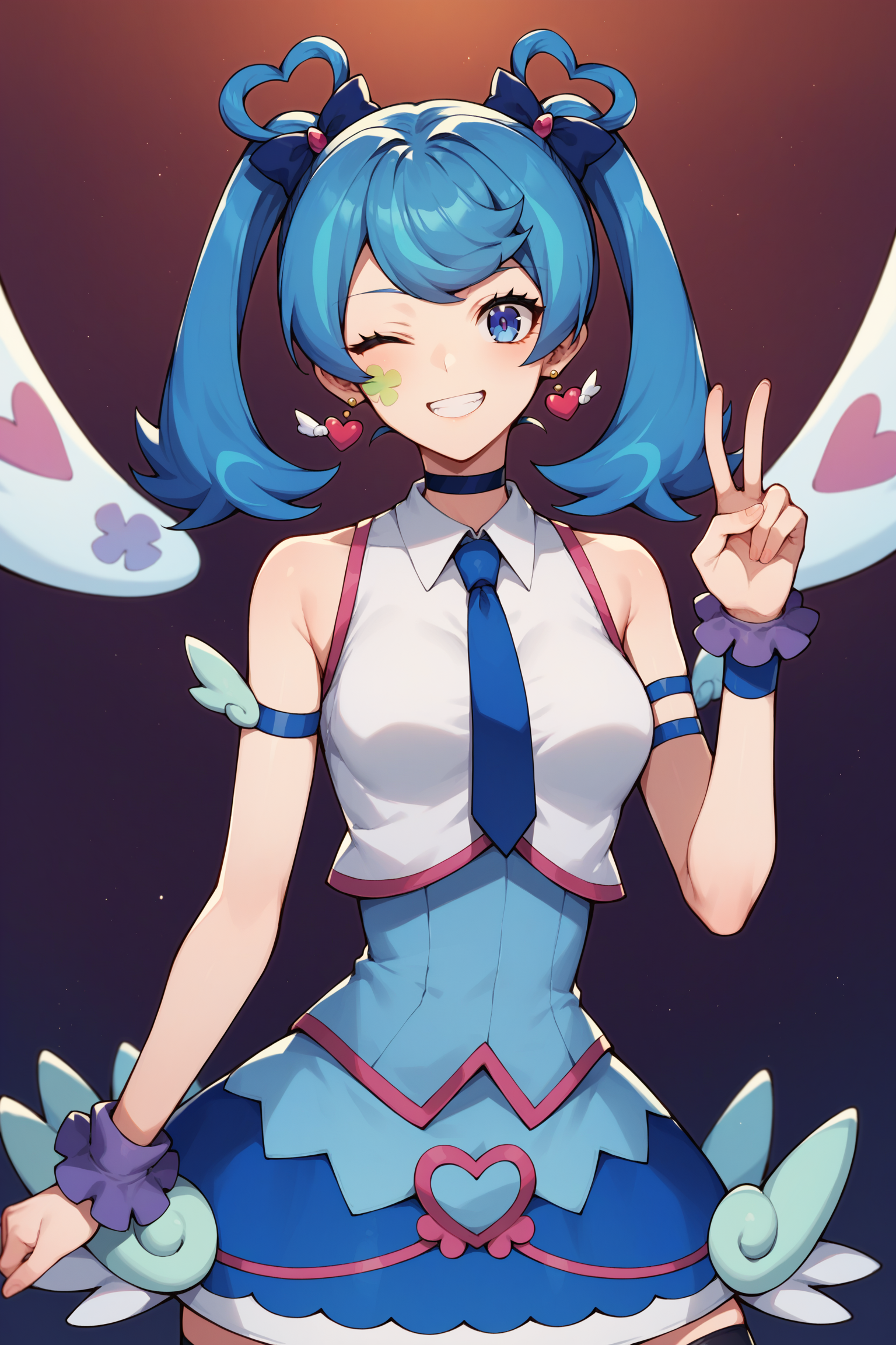score_9,score_8_up,score_7_up,score_6_up,score_5_up,score_4_up, source_anime, aaangel, twintails, blue hair, hair bow, blue bow, blue eyes, facial mark, heart earrings, wings, heart, choker, blue necktie, sleeveless shirt, white shirt, arm strap, blue skirt, black thighhighs, <lora:blue_angel_XL_v1:0.8>, one eye closed, peace sign, v over eye, grin, standing, cowboy shot,