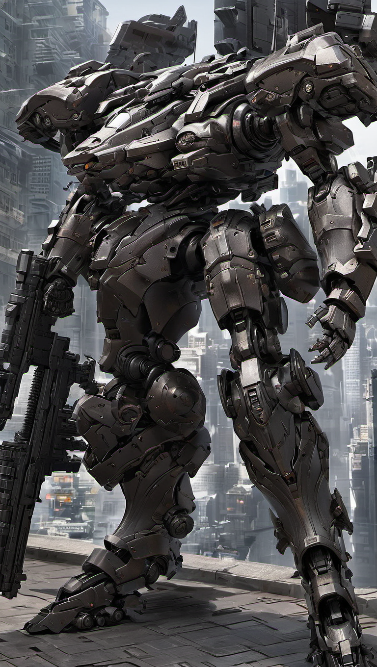 ( armoredcore:0.8), mecha robot, mecha armor, full armor, (large size robot:1.5), glowing blue eyes, city, (full body:1.2), clenched hand, mechanical parts, robot joints, (huge shield:1.2),best quality, masterpiece, highly detailed, ultra-detailed,(battle-ready:1.2),(powerful stance:1.3),(Detailed eye description:1.2),(huge mechanical weapon:1.3),(detailed armor description:1.2),(detailed shield description:1.2), (detailed weapon description:1.2),(huge mechanical gun:1.2), (holding gun and weapon :1.3)<lora:srdxl_v07ux2:0.8>