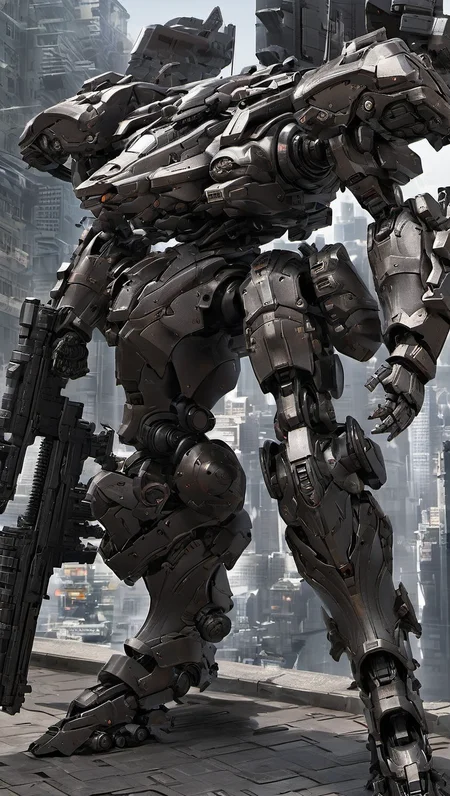 ( armoredcore:0.8), mecha robot, mecha armor, full armor, (large size robot:1.5), glowing blue eyes, city, (full body:1.2), clenched hand, mechanical parts, robot joints, (huge shield:1.2),best quality, masterpiece, highly detailed, ultra-detailed,(battle-ready:1.2),(powerful stance:1.3),(Detailed eye description:1.2),(huge mechanical weapon:1.3),(detailed armor description:1.2),(detailed shield description:1.2), (detailed weapon description:1.2),(huge mechanical gun:1.2), (holding gun and weapon :1.3)<lora:srdxl_v07ux2:0.8>