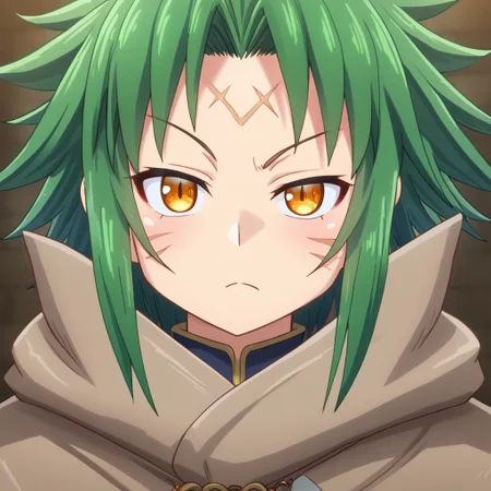mana_sk style, portrait, focus on face, a fierce beastmaster girl with wild, dark green hair and sharp amber eyes, wearing a cloak made of animal fur, a scar over one eyebrow, an intense expression of readiness, hints of claw marks on her cheek, Japanese RPG style, primal and untamed atmosphere, intricate details on her cloak and facial features