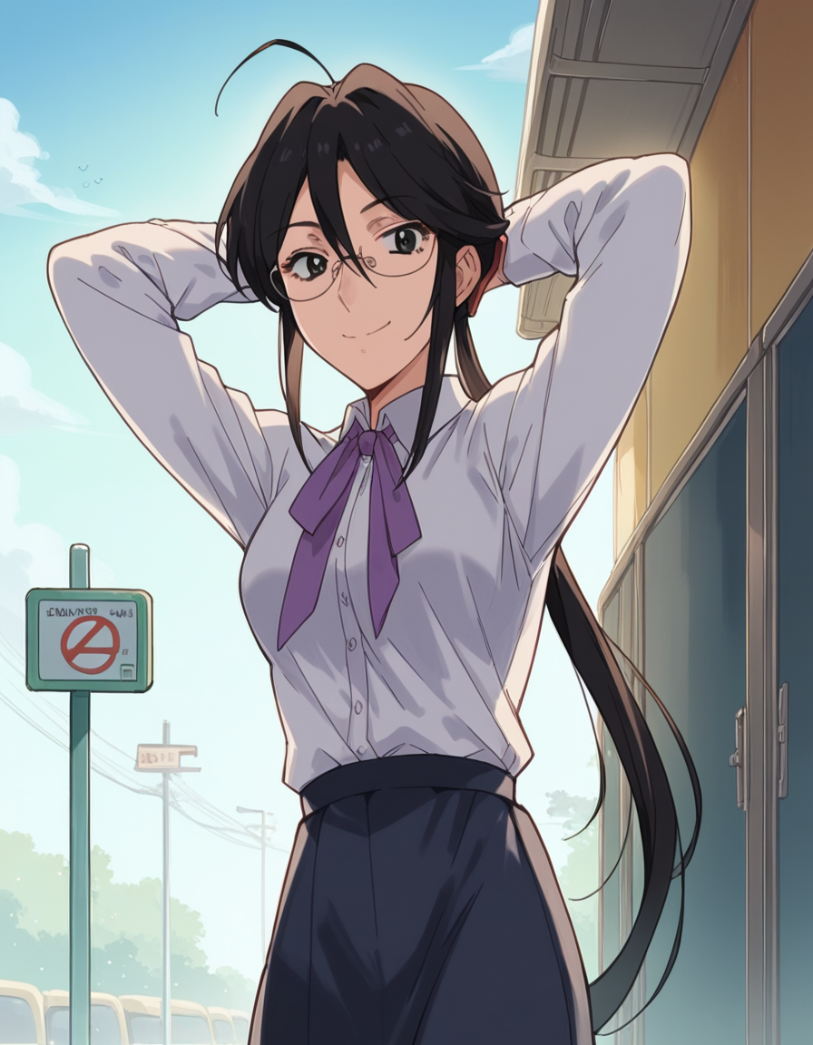 score_9, score_8_up, score_7_up, source_anime, <lora:sae-shirai-s1-ponyxl-lora-nochekaiser:1>, sae shirai, long hair, black hair, ponytail, ahoge, glasses, black eyes, hair between eyes, sidelocks, medium breasts,, shirt, long sleeves, neckerchief, collared shirt, skirt, long skirt, bus stop, waiting, commuter, smartphone, checking time, cold morning, smile, hands behind head,, looking at viewer, solo,, dutch angle, cowboy shot