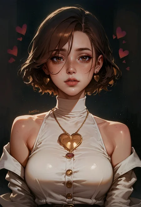 (score_9, score_8_up:1.1), score_7_up,  1girl, solo, expressive, hearts, dynamic, brown hair, short hair, brown eyes, pale skin girl, pale skin, freckles, turtleneck, bare shoulders, golden buttons, heart necklace, blush, red rose in hair, looking_longingly, seductive, sexy_woman, black background  <lora:pony/twilight_style:0.8> <lora:pony/expressiveh:0.8> <lora:sdxl/sinfully_stylish_sdxl>