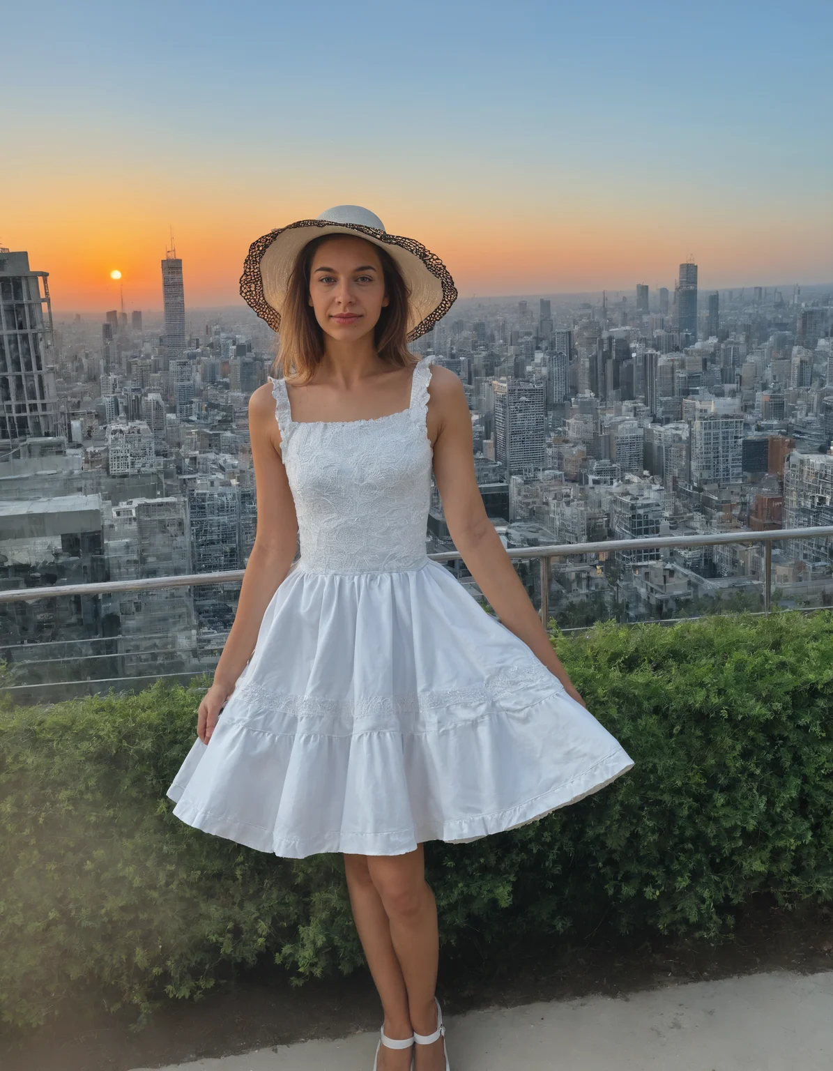 Stable_Yogis_PDXL_Positives, <lora:Realism_Lora_By_Stable_Yogi_Pony_V1.:0.3> realism, realistic, real life, photorealistic, detailed,, ( city skyline with a setting sun :1.2) ( Dress with Layered Ruffles :1.2 )