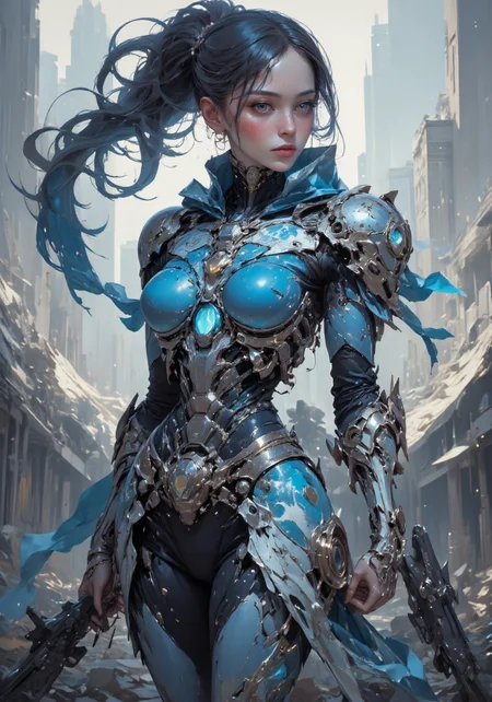 A cruel female ninja mech, covered in a full-body blue and white futuristic armor, with a heavy AWP rifle strapped to her waist. Her long, sleek dark brown hair is tied into a stylish ponytail that flows dramatically in the wind, creating a striking contrast against the devastated war-torn city in the background. A blue scarf also waves dramatically in the breeze, adding a touch of motion to the scene. The ninja's face is cold and emotionless, exuding an aura of deadly precision and subtle fear, yet with a hint of grace. The scene is captured in breathtaking 16K resolution, with digital reflex camera effects and light tracing enhancing the overall quality of this cinematic shot. The atmosphere is enhanced by chiaroscuro lighting, bringing depth and drama to the action-packed, concept-art-inspired composition. The mechâs design combines sleek mechanical elements with an artistic touch of action painting, giving it a sense of elegance and power. The entire setting is a masterwork of 3D design, with a devastated cityscape as the backdrop, illuminated by film-style lighting that emphasizes the contrast between the blue and white armor and the war-torn surroundings. The overall mood mixes feelings of danger and a subtle fear of death, balanced at 0.5, focusing more on the assassin's aura of death rather than overwhelming terror. The blue gaming gear adds a futuristic edge to her appearance, solidifying her as a deadly figure in this post-apocalyptic world.
 <lora:DarksunRIDDV3:0.6> <lora:flux_hyperkraximalism-crazy:0.6> <lora:Midjourney_-_SemiReal_Dreams_FLUX_LoRA:0.6> <lora:CPA:0.6> <lora:BLUE_mk4_angel_FLUX_01:0.6> <lora:BioInk2FLUX:0.6>
