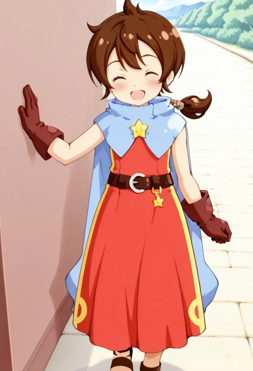 masterpiece,anime_coloring,anime_clothing,amazing_quality,Tokia_DMO, 1girl, solo,gloves, brown hair, (low ponytail), star \(symbol\), cape, sleeveless,red dress, long dress,belt, Sandals, close-up face,open mouth,blush,smile,happy,outdoor,from_side,dynamic angle,