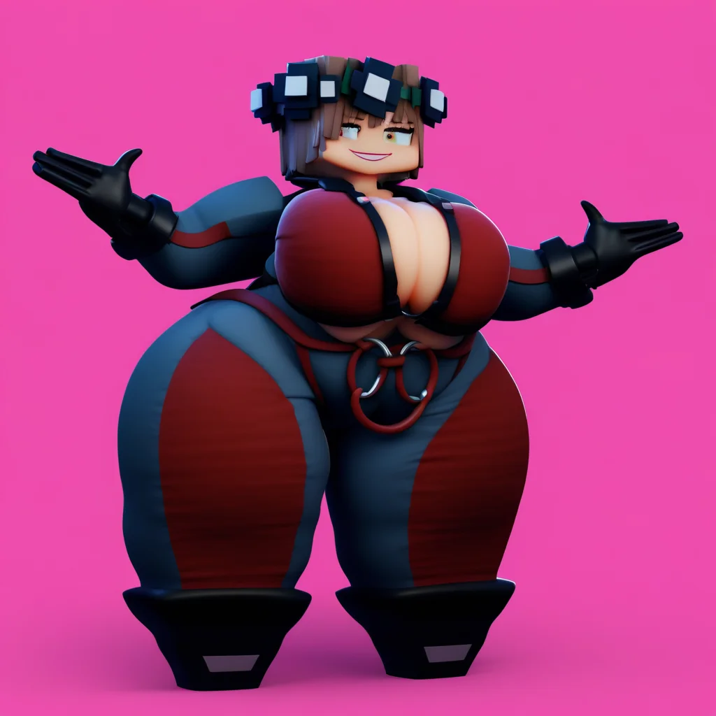 grin, weapon, pants, thick thighs, cropped legs, full body, simple background, from behind, o-ring, gloves, nipples