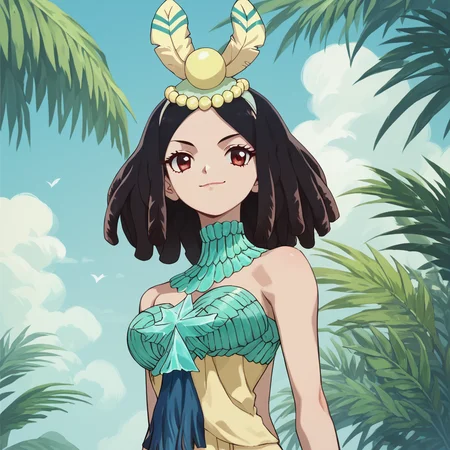 <lora:SlimesAmaryllis:1>, score_9, score_8_up, score_7_up, slimes_amaryllis, woman, black hair, waist up, hip to the side, hands behind back, smirking, tropical beach background