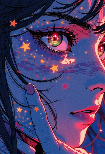 anime-style, close-up-face, glowing face tattoo of stars, surreal-glowing-eyes, intricate-pupil-design, ethereal-rainbow-reflections, expressive-emotional-stare, soft-pencil-shading, dreamlike-vivid-colors, loose-hair-in-motion, abstract-light-effects, intense-focus-on-eyes, cinematic-composition, lightly-blushed-cheeks, pastel-toned-palette, delicate-linework, melancholic-expression, hyper-detailed-eyelashes, vibrant-color-contrast, artistic-surrealism, immersive-anime-aesthetic