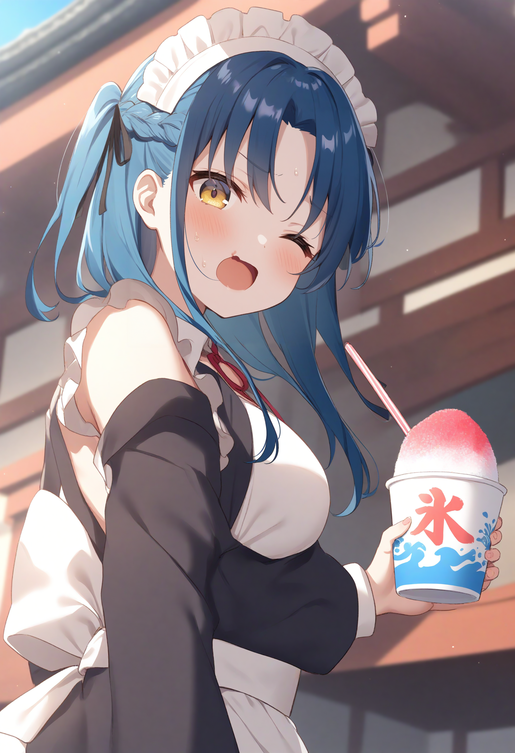 1girl,sincos, ningen mame, toosaka asagi,solo,large breasts,20yo,maid,maid headdress,
shaved ice,<lora:shavedice_XL_v1:0.8>
holding drinking straw, spoon straw, eating, open mouth,
from below, cinematic angle, looking back, blue hair, golden eyes,wince, temple, closed mouth, braid hair,,
best quality, very aesthetic, absurdres