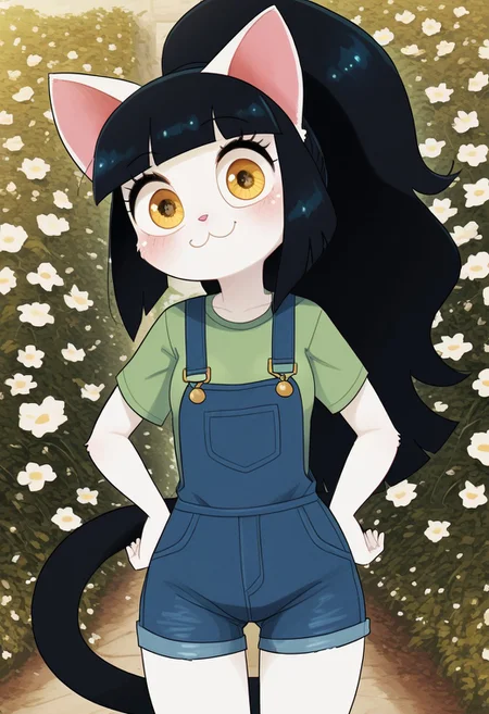 score_9, score_8_up, score_7_up, score_6_up, innocent and alluring, masterpiece, best quality, 1girl, (cute, anthro, female, thin body, detailed face, beautiful detailed eyes, tail, big eyes, yellow eyes,  black hair, amber eyes, ((cat ears)), cat tail, white fur,bangs, blunt bangs, large ponytail), 
 (In garden, wearing denim overalls, green shirt, flowers, happy, sunny day, posing, standing in the middle of a flower alley, hands on hips, looking at viewer)