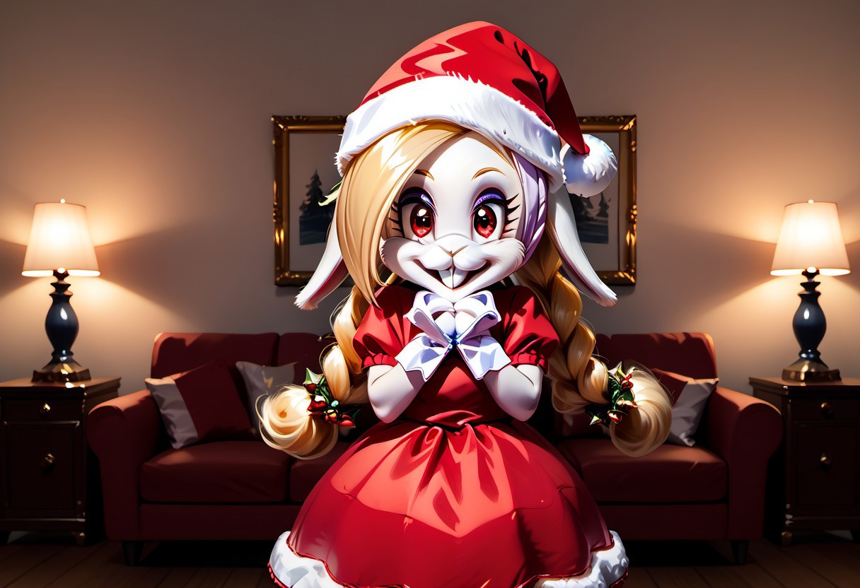 score_9, score_8, score_7, source_furry, rating_safe, detailed face, detailed eyes, incredible detail, xmas_style_2K24 BREAK 1girl, solo, harriet_odyssey, bunny, blonde hair, hat, bunny female, long hair, red eyes, santa hat, standing, v arms, own hands together, happy, smile, looking at viewer, santa dress, indoors, living room