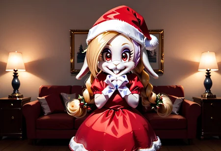 score_9, score_8, score_7, source_furry, rating_safe, detailed face, detailed eyes, incredible detail, xmas_style_2K24 BREAK 1girl, solo, harriet_odyssey, bunny, blonde hair, hat, bunny female, long hair, red eyes, santa hat, standing, v arms, own hands together, happy, smile, looking at viewer, santa dress, indoors, living room