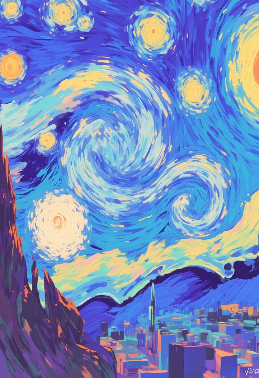Van Gogh's Starry Sky, oil painting style, vibrant colors, thick impasto brushstrokes, heavily textured, expressive, turbulent swirling clouds, shimmering stars with subtle glints, warm golden light with soft radiant glow, nuanced shading, high contrast, and dynamic composition.