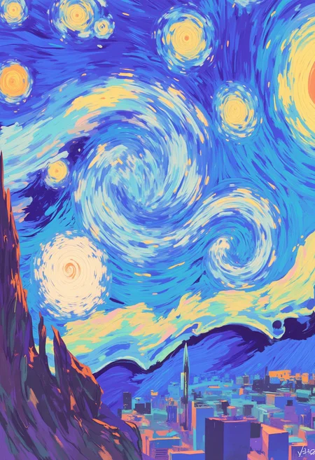 Van Gogh's Starry Sky, oil painting style, vibrant colors, thick impasto brushstrokes, heavily textured, expressive, turbulent swirling clouds, shimmering stars with subtle glints, warm golden light with soft radiant glow, nuanced shading, high contrast, and dynamic composition.
