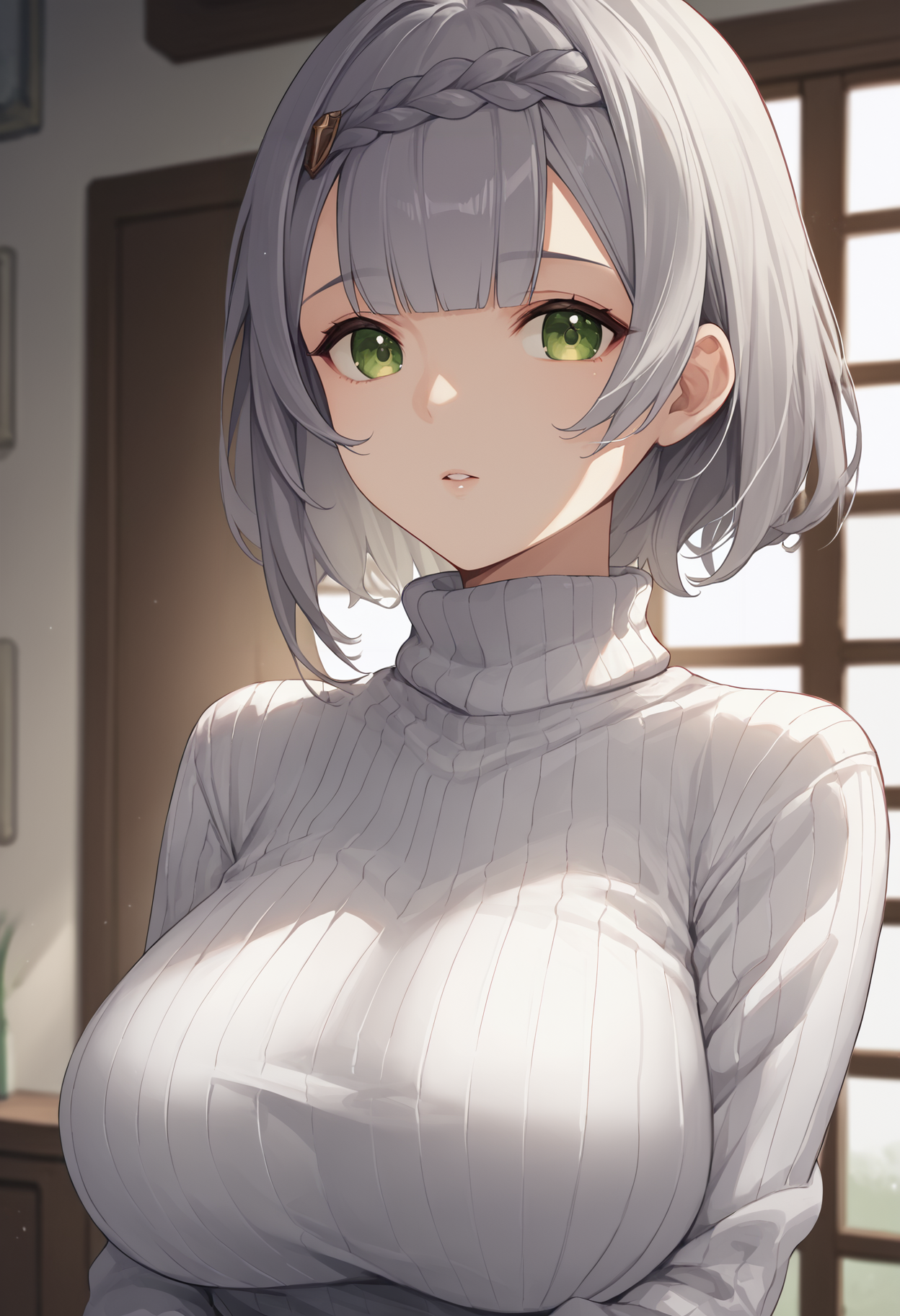 score_9, score_8_up, score_7_up, source_anime BREAK 1girl, solo, <lora:noelle-gi-richy-v1_pdxl:1> nlrnd, green eyes, grey hair, short hair, braid, blunt bangs, large breasts, turtleneck sweater, ribbed sweater, white sweater, indoors, parted lips, looking at viewer