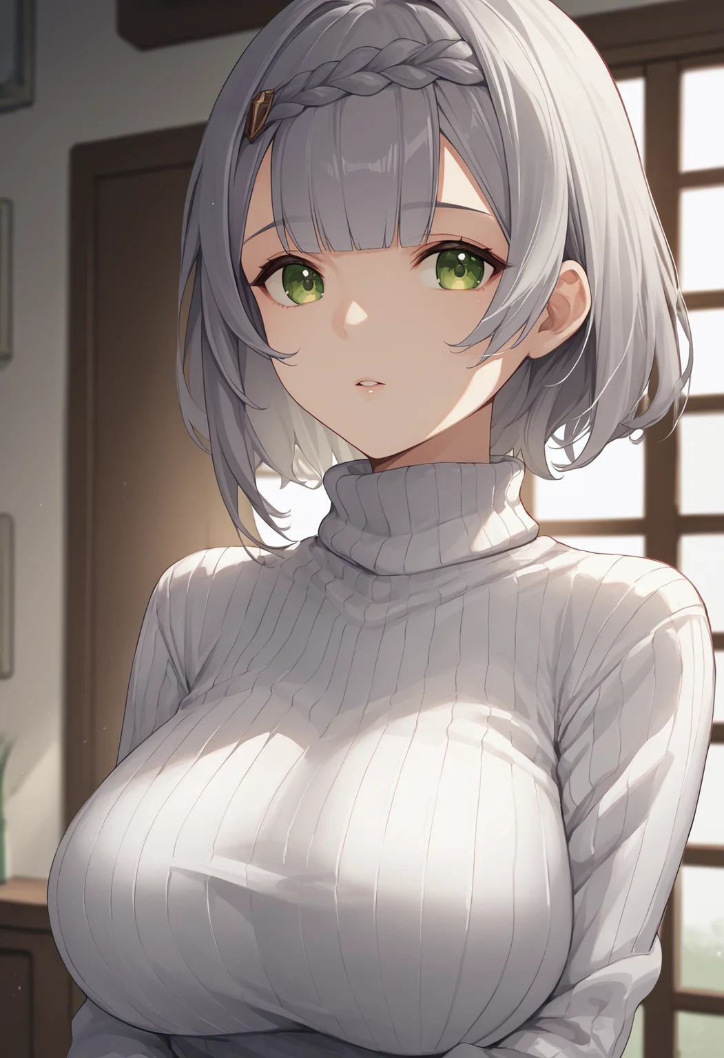 score_9, score_8_up, score_7_up, source_anime BREAK 1girl, solo, <lora:noelle-gi-richy-v1_pdxl:1> nlrnd, green eyes, grey hair, short hair, braid, blunt bangs, large breasts, turtleneck sweater, ribbed sweater, white sweater, indoors, parted lips, looking at viewer