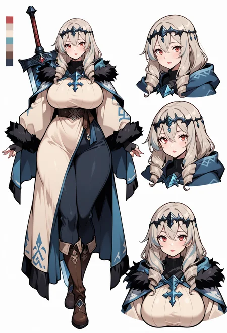 fantasy, anime, highres, hi res, best quality, masterpiece, intricate details, absurdres, 4k,
<lora:CharacterDesignIllustrious_Concept:0.8> CharacterDesignIllustrious, reference sheet, simple white background, (color guide:1.2), (multiple views), (full body), dynamic pose, male focus, blue theme,
1girl, mature female, curvy, large breasts, beige clothes, black fur trim, hooded cloak, turtleneck, tiara, headpiece, red eyes, light brown hair, grey hair, streaked hair, long hair, ringlets, hood down, fur-trimmed sleeves, fingerless gloves, greatsword on shoulder, mole under eye, layered clothes, fantasy, double-parted bangs, lipstick, hair between eyes, pants under dress, blunt ends,