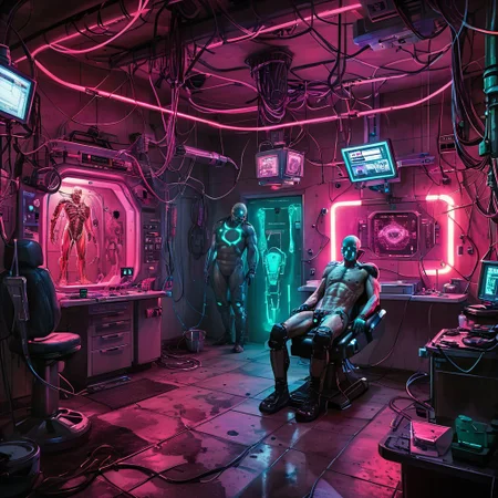 underground cybernetics clinic, dimly lit with surgical neon. A rogue doctor installs cutting-edge augmentations on a patient, surrounded by a mix of high-tech medical equipment and jury-rigged machinery, ArsMJStyle, CyberPunk