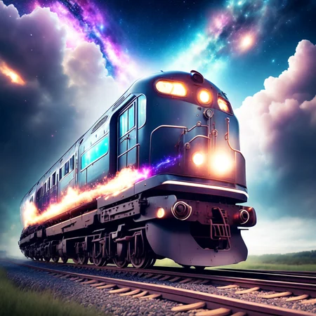 (CosmicTrain style:1) train traveling down train tracks <lora:djzCosmicTrainV21:0.8>