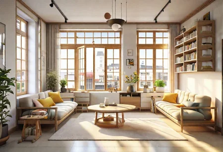 ((front view)), anime-style, modern-style interior, with white walls, (large windows), Nordic-style furniture, a  study, Sofa, coffee table, bookcase, single wall, 
warm light morning sun, (the view of the city)
