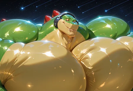 masterpiece, best quality, amazing quality, very aesthetic, high resolution, absurdres, newest, photorealism, realistic, high saturation, amazing quality, smug, detailed muscles, Vecdaz:1, crocodile, Green Anthro, shiny green skin, white sclera, Big Red Eyes, Red Spikes, Headphones, (fat squishy Neck:1), close up, portrait, night lights, night sky, glow,