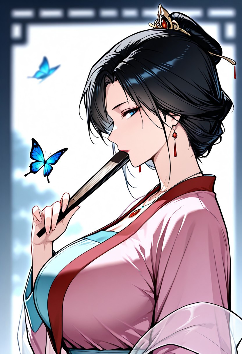 1girl, solo,short hair, black hair, large breasts, blue eyes,looking at viewer,mature_female,
Jun
1girl,  solo, looking at viewer,long sleeves,hanfu, 
holding, upper body,, earrings,  necklace, blurry, from side, blurry background, profile, depth of field, chinese clothes, bug, gem, butterfly, hand fan, shawl, covering own mouth, sideways glance, folding fan,  holding fan, red gemstone, folded fan, hanfu
masterpiece,best quality,amazing quality,highres,