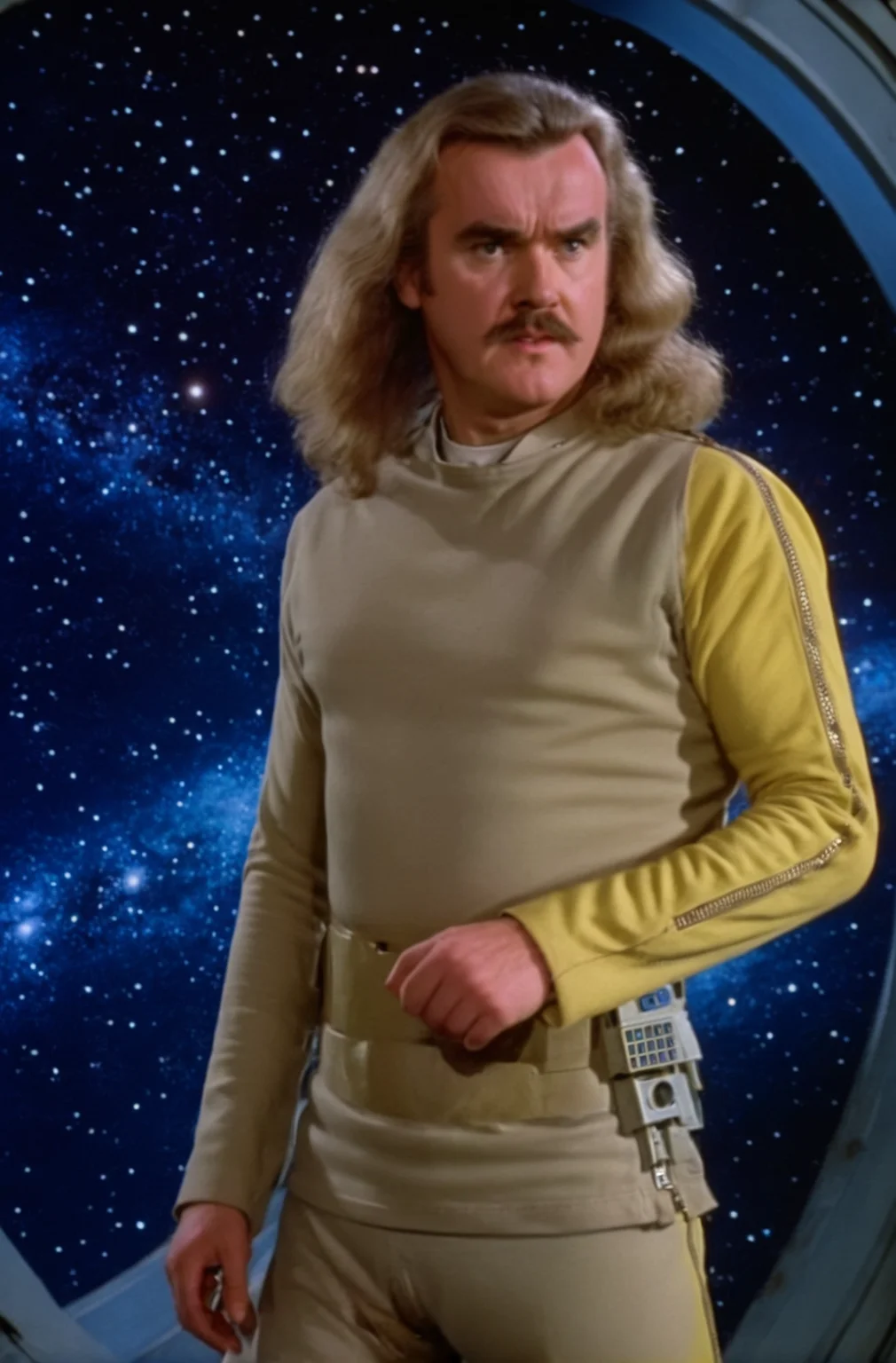 Billy Connolly,long hair, in beige s1999unf uniform,one yellow sleeve with zipper,alone in space base<lora:S1999XL-000120>