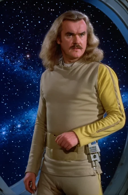 Billy Connolly,long hair, in beige s1999unf uniform,one yellow sleeve with zipper,alone in space base<lora:S1999XL-000120>