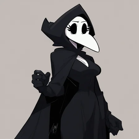 score_9, score_8_up, score_7_up, 1girl, solo, solo focus, cowboy shot, HumanIngrid, plague doctor mask, black eyes, hollow eyes, eyelashes, white skin, pale skin, slim waist, medium breasts, black robe, black hood, black cape, black boots, long sleeves, black gloves, standing, looking at viewer,