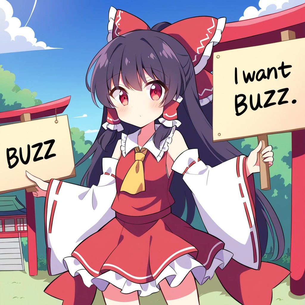 score_9, score_8_up, score_7_up,source_anime,BREAK , 1girl, Hakurei Reimu with a sign with text "i want buzz" <lora:buzz-text:.1>, hakurei_reimu,1girl,solo,detached sleeves,hair bow,red bow,ascot,hair tubes,skirt,frills,red skirt,yellow ascot,wide sleeves,standing,frilled bow,red shirt,frilled skirt,ribbon-trimmed sleeves,frilled shirt collar,bare shoulders,red vest,petticoat,nontraditional miko, black hair,<lora:hakurei_reimu XL:1>, traditional Japanese shrine