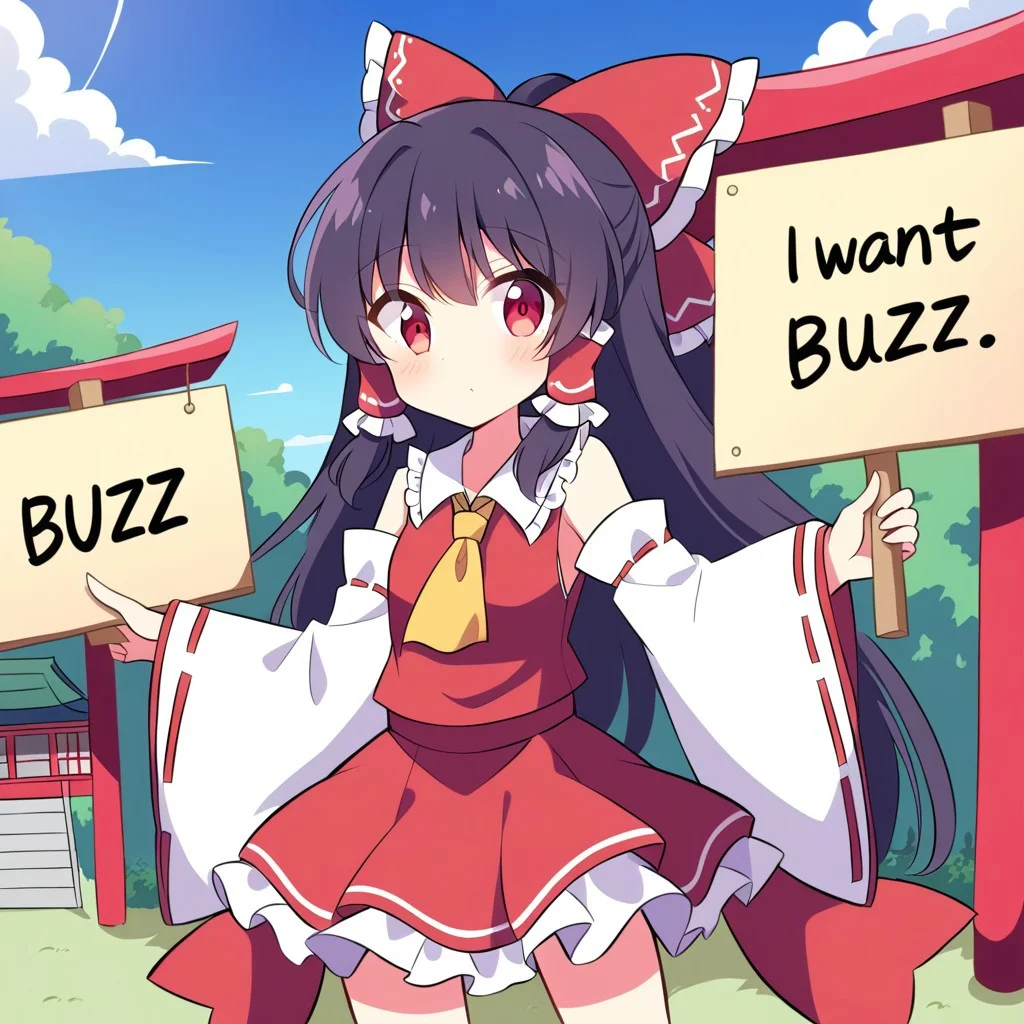 score_9, score_8_up, score_7_up,source_anime,BREAK , 1girl, Hakurei Reimu with a sign with text "i want buzz" <lora:buzz-text:.1>, hakurei_reimu,1girl,solo,detached sleeves,hair bow,red bow,ascot,hair tubes,skirt,frills,red skirt,yellow ascot,wide sleeves,standing,frilled bow,red shirt,frilled skirt,ribbon-trimmed sleeves,frilled shirt collar,bare shoulders,red vest,petticoat,nontraditional miko, black hair,<lora:hakurei_reimu XL:1>, traditional Japanese shrine