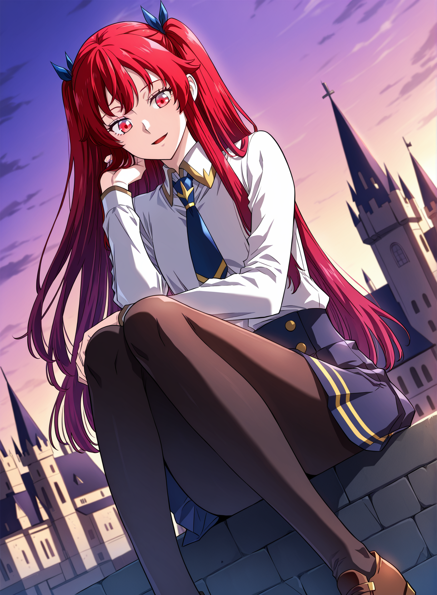 <lora:Camus Morgue _ Revenge of the Iron-Blooded Sword Hound _ Illustrious_epoch_7:1>
Camus_Morgue_young, 1 girl, solo, round face, large red eyes, fair skin, petite build, small breats, long red hair, straight hair, twin ponytails, front bangs, slight purple gradient tips, 
white school uniform shirt, small gold-trimmed collar, high-waisted navy skirt, black tights, blue necktie, blue ribbon hair ties,  brown shoes
score_9, score_8_up, score_7_up, very aesthetic, source_anime, detailed, high quality, beautiful, masterpiece, detailed eyes, castle, village, blurry background, cityscape, pose dynamic angle, light smile, open mouth, hand on hair, sitting