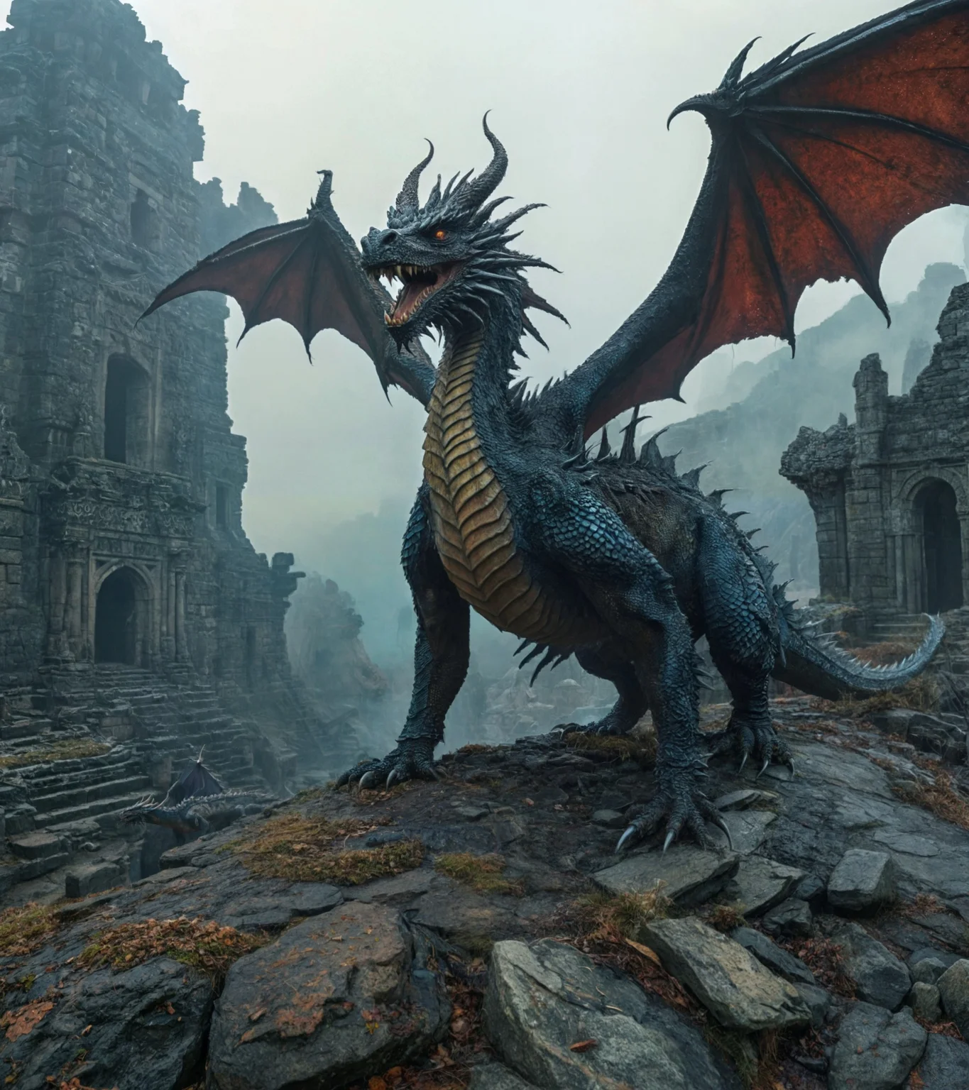 Horror-themed Wide aerial Shot , Zombie Ghost (((Dragon))) with huge wings, mist rising off it ,(in a ancient stone city) , ornate armour, action, dynamic pose, large detailed dragon, 8k , looking at the camera , small smile, bright colours (rotting flesh ) skin pealing off, cold blue eyes , frost breath <lora:Aether_Ghost_v1.1_LoRA:0.4> <lora:SDXLGhostStyle:0.4> <lora:RPGSkeletonXL:0.2> <lora:RPGWyvernXL:0.5> <lora:dungeons_and_dragons_xl_v2:1> . Eerie, unsettling, dark, spooky, suspenseful, grim, highly detailed