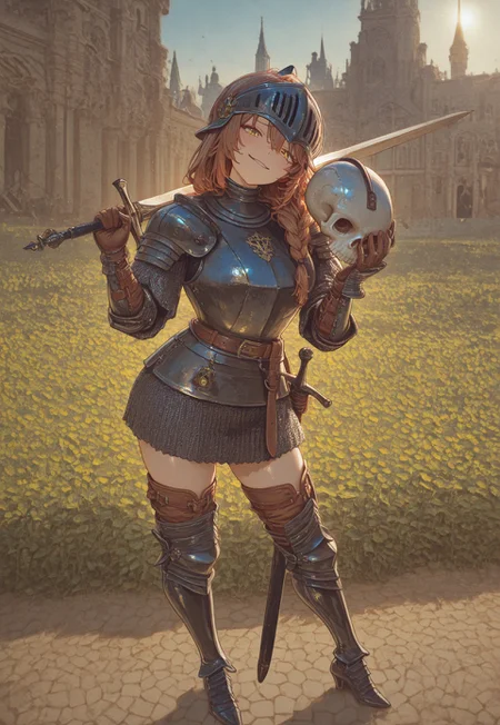 vermis, gothic, female knight, 1girl, solo, brown hair, low braids, yellow eyes, full body BREAK brigandine armor, chainmail, pauldrons, gauntlets, leather gloves, chainmail under brigandine, belt, scabbard, leather thigh boots, BREAK furrowed brow, smug, head tilt, contrapposto, holding hounskull helmet, holding sword, weapon over shoulder, standing among flower field
BREAK
masterpiece, best quality, very aesthetic, absurdres, amazing quality, newest, very awa, highly detailed, fine detail, intricate detail, dynamic lighting, volumetric lighting, ambient light, soft light, dimly lit,
outdoors, standing, tower, gothic cathedral, rooftop, spire, panorama, cityscape, backlight, high contrast, cinematic, scenery, perspective, perfect lighting, Expressiveh,