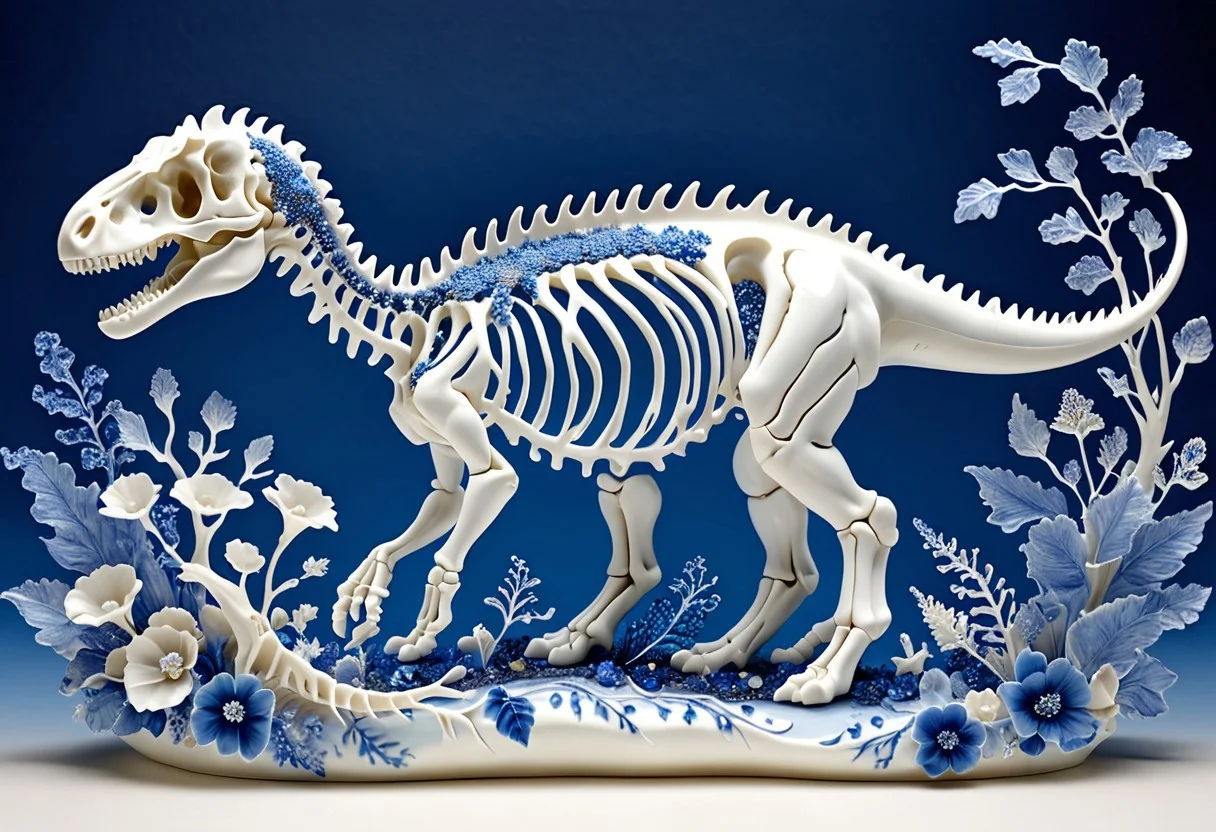 Porcelain sculpture,dinosaur skeleton,,bones, skeleton,small dinosaur ,Bluepatternporcelain ,blue fluid,gems,dried flowers,hyperrealistic,see-through